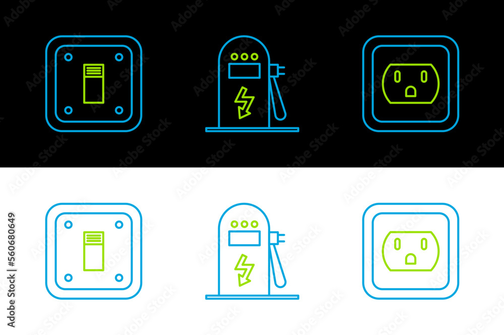 Set line Electrical outlet in the USA, light switch and car charging station icon. Vector