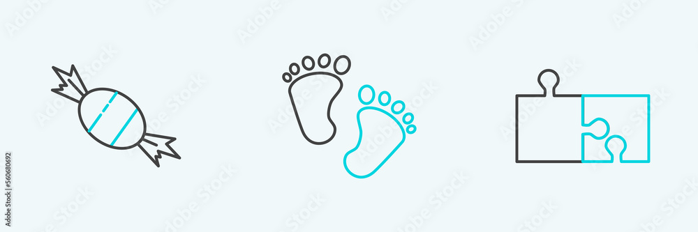 Set line Piece of puzzle, Candy and Baby footprints icon. Vector Set line Piece of puzzle, Candy and Baby footprints icon. Vector
