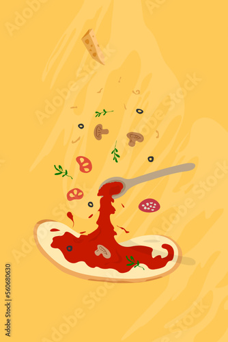 Cartoon pizza cooking. Ingredients falling on pizza