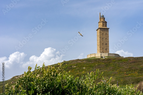 Hercules tower roman lighthouse in the city of A Coruña in a sunny day, Galicia, Spain.