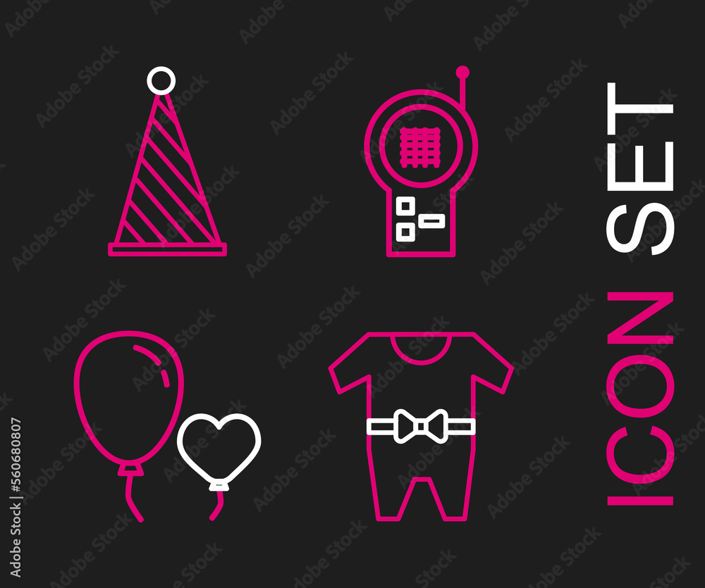 Set line Baby clothes, Balloons in form of heart, Monitor Walkie Talkie and Party hat icon. Vector Set line Baby clothes, Balloons in form of heart, Monitor Walkie Talkie and Party hat icon. Vector