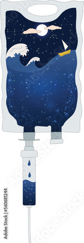 Infusion therapy treatment concept illustration. Night, moon, stars and ocean with waves and a small ship inside the bag