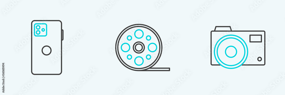 Set line Photo camera, Smartphone, mobile phone and Film reel icon. Vector Set line Photo camera, Smartphone, mobile phone and Film reel icon. Vector