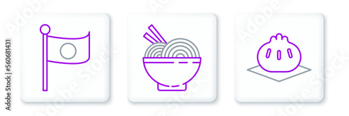 Set line Khinkali on cutting board, National flag of Japan pole and Asian noodles bowl and chopsticks icon. Vector