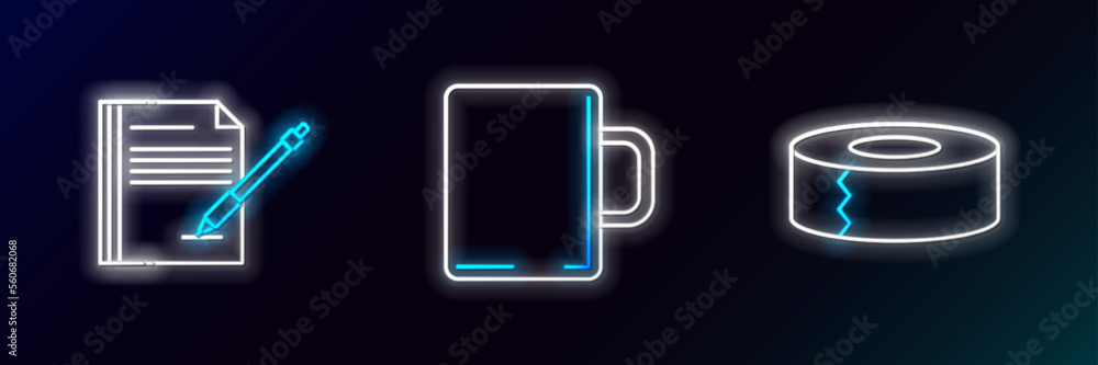 Set line Scotch, Blank notebook and pen and Coffee cup icon. Glowing neon. Vector