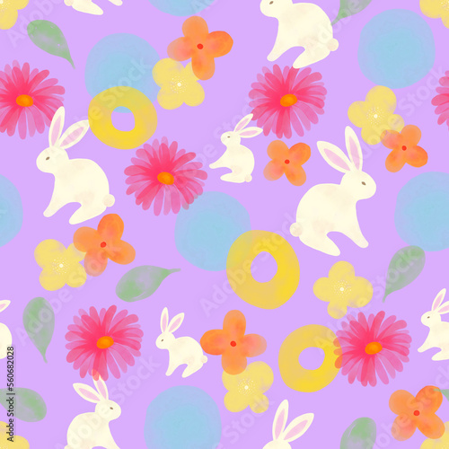 Seamless pattern with rabbit cartoons  oriental flowers and cute botanical blossom background. Nursery wallpaper  textile