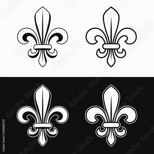 Fleur de lis set. Fleur de lys icons in different styles. Balck and white illustration for Mardi Gras carnival. Royal French heraldry symbol.