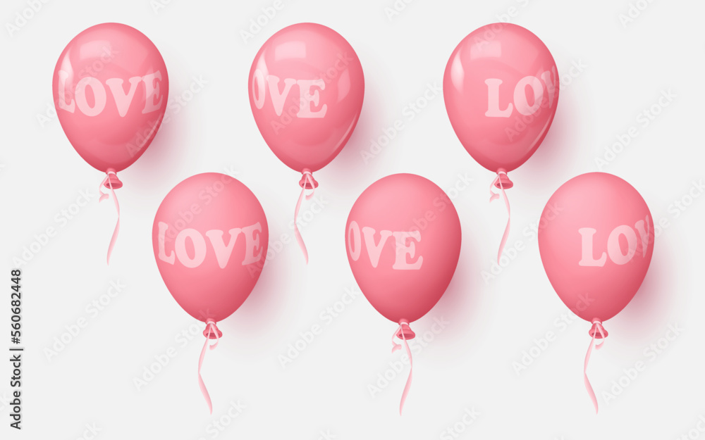 Realistic glossy, mats pink balloons with letters, word Love in different sides. Vector illustration for card, party, design, flyer, poster, decor, banner, web, advertising. Realistic glossy, mats pink balloons with letters, word Love in different sides. Vector illustration for card, party, design, flyer, poster, decor, banner, web, advertising.