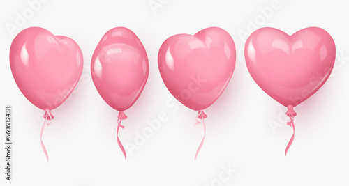 Set of four glossy 3d pink realistic heart ballons, from different sides and pink, white ribbons. Vector illustration for card, party, design, flyer, poster, decor, banner, web, advertising. 