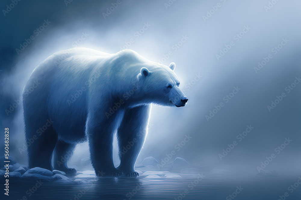 Polar bear. Snow background. Generative AI.

