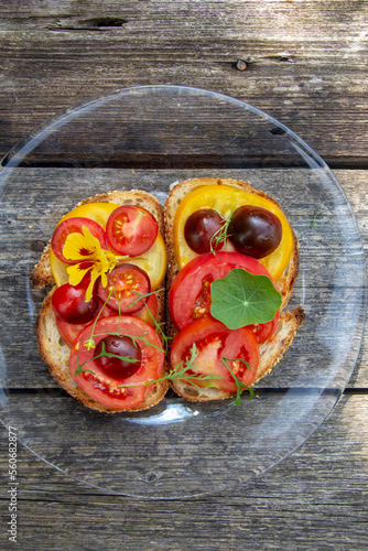 bruschetta with fresh colorful tomatoes.