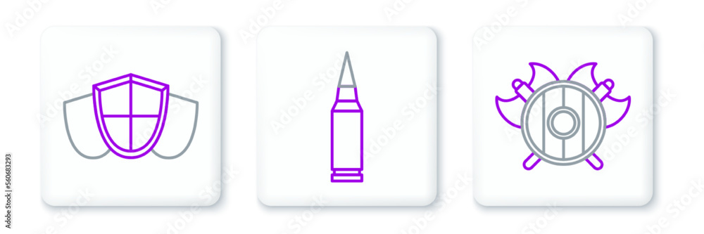 Set line Medieval shield with crossed axes, Shield and Bullet icon. Vector Set line Medieval shield with crossed axes, Shield and Bullet icon. Vector