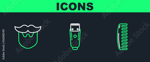 Set line Hairbrush, Mustache and beard and Electrical hair clipper or shaver icon. Vector