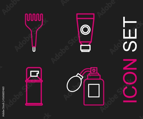 Set line Aftershave bottle with atomizer, Shaving gel foam, Cream or lotion cosmetic tube and Hairbrush icon. Vector