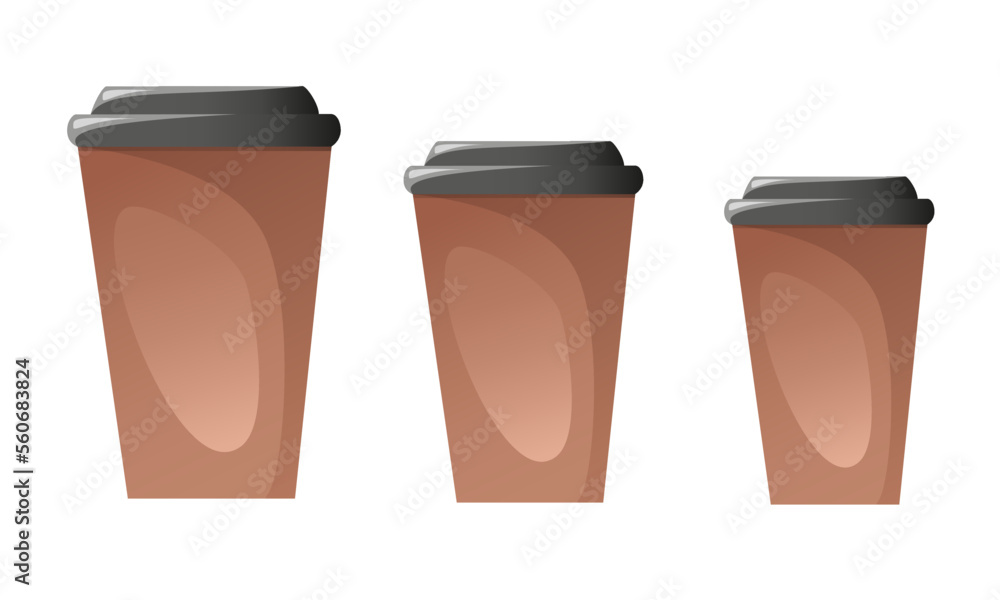 Coffee cups with a lid made of kraft paper. three sizes. Large, medium, small. Vector cartoon realistic set of Coffee Cups. mockup. Takeaway coffee or tea. Paper or Plastic Disposable Packaging. Coffee cups with a lid made of kraft paper. three sizes. Large, medium, small. Vector cartoon realistic set of Coffee Cups. mockup. Takeaway coffee or tea. Paper or Plastic Disposable Packaging.