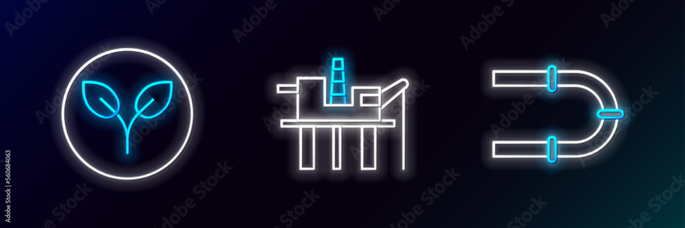 Set line Industry pipe, Bio fuel and Oil platform in the sea icon. Glowing neon. Vector Set line Industry pipe, Bio fuel and Oil platform in the sea icon. Glowing neon. Vector