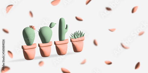 3d render illustration of three cactus with flying petals around. Cactus plant pot flower on summer art background