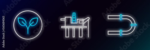 Set line Industry pipe, Bio fuel and Oil platform in the sea icon. Glowing neon. Vector