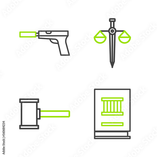 Set line Law book, Judge gavel, Scales of justice and Pistol or gun with silencer icon. Vector