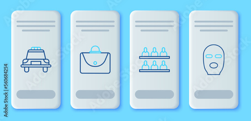 Set line Briefcase, Jurors, Police car and flasher and Thief mask icon. Vector