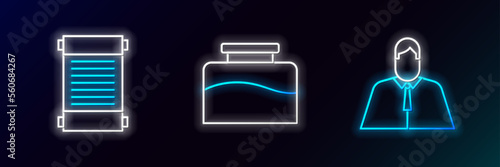 Set line Lawyer, attorney, jurist, Decree, paper, parchment, scroll and Inkwell icon. Glowing neon. Vector