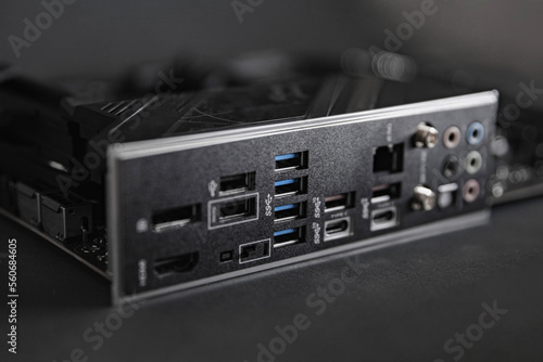 USB 3.0 ports on motherboard panel close-up