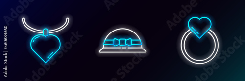 Set line Wedding rings, Necklace with heart shaped pendant and Elegant women hat icon. Glowing neon. Vector