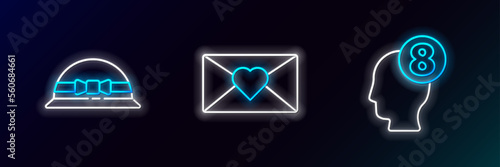 Set line 8 March in human head, Elegant women hat and Envelope with icon. Glowing neon. Vector