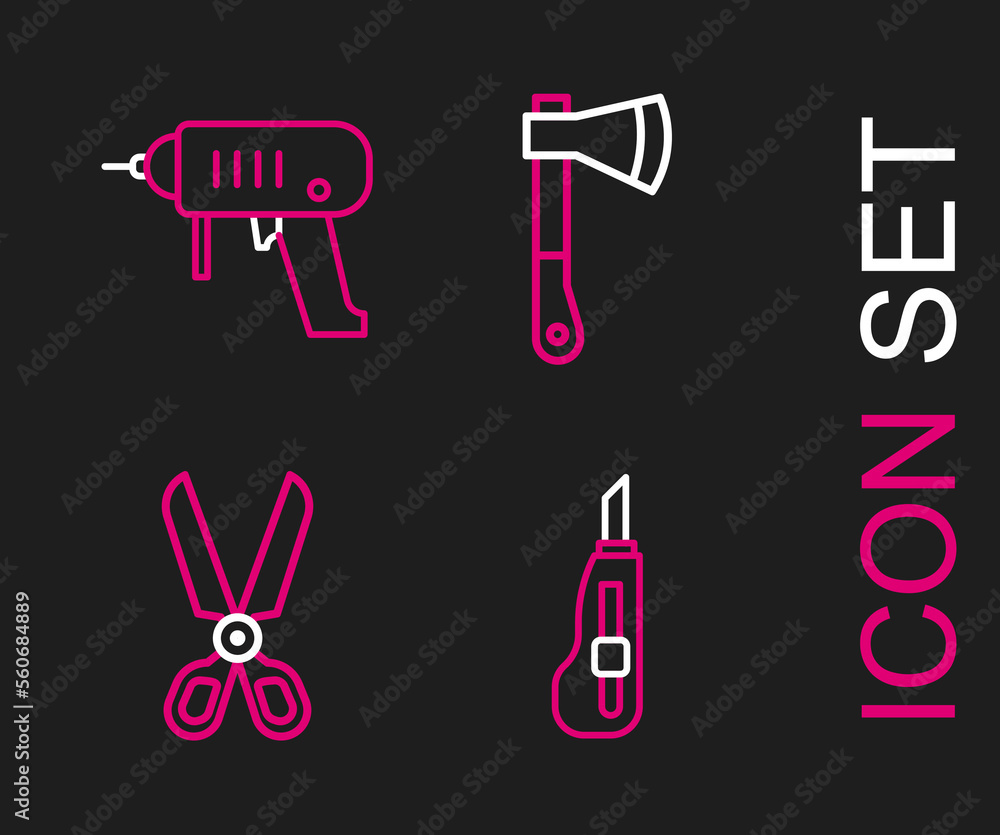 Set line Stationery knife, Scissors, Wooden axe and Electric drill machine icon. Vector