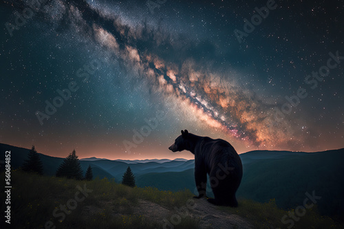 Black bear in the mountains. Star background. Generative AI.