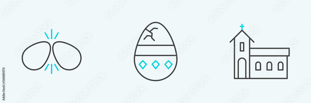 Fototapeta premium Set line Church building, Easter eggs and Cracked icon. Vector