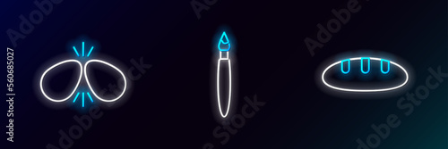 Set line Bread loaf, Easter eggs and Paint brush icon. Glowing neon. Vector