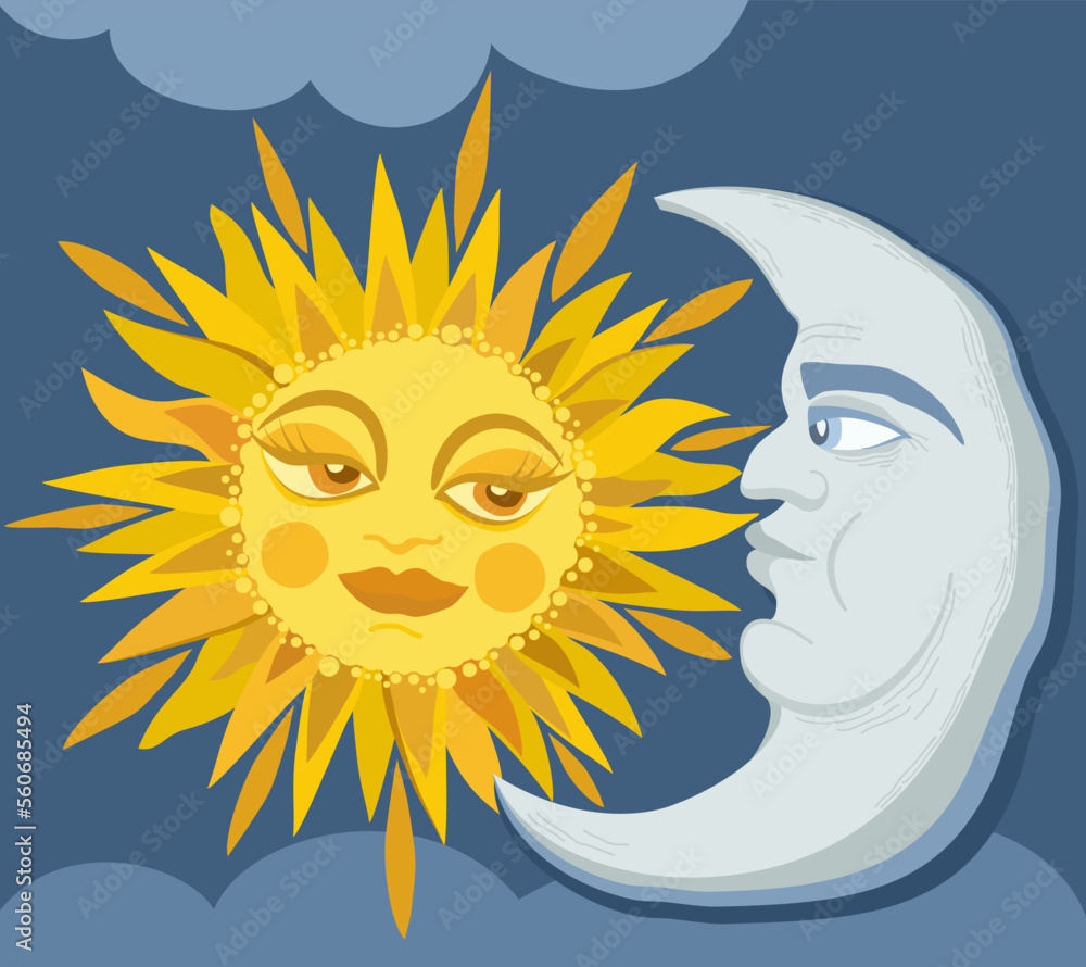 Vector illustration of sun, crescent moon and clouds isolated on dark blue sky.