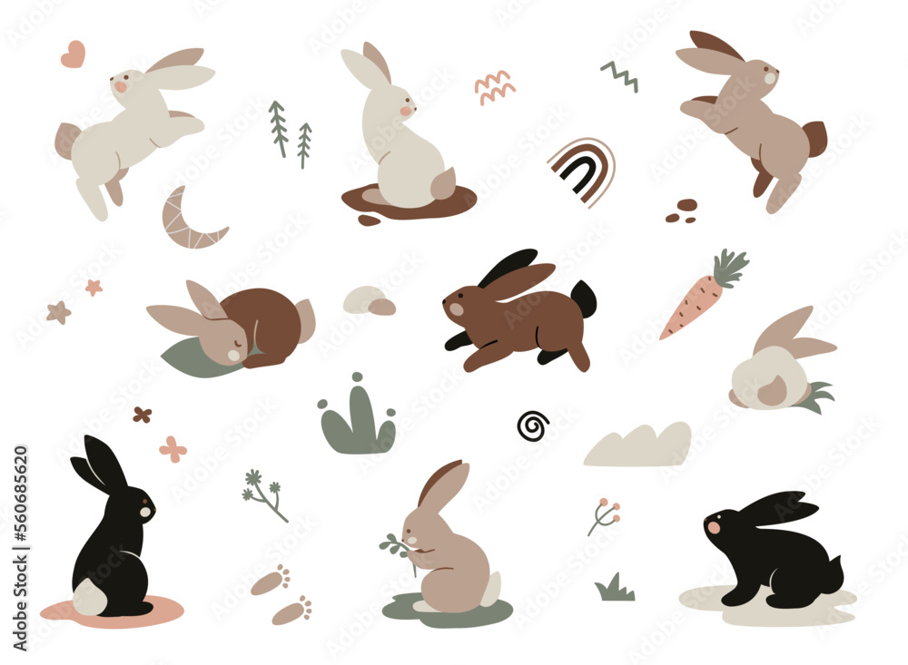 Set of cute rabbits in different poses on white background, flat vector illustration in pastel colors