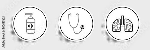 Set line Virus cells in lung, Bottle of liquid antibacterial soap and Stethoscope icon. Vector