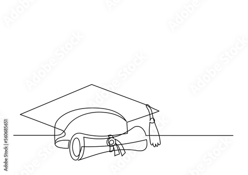 Graduation cap and scroll. Continuous line drawing