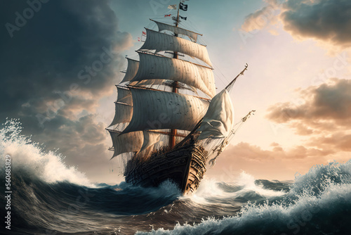 Ancient ship with raised sails at sunset AI photo