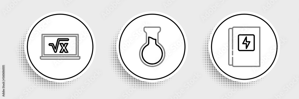 Set line Electrical panel, Square root of x glyph and Test tube and flask icon. Vector Set line Electrical panel, Square root of x glyph and Test tube and flask icon. Vector