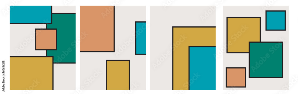 Collection of simple modern colored geometric shapes (squares with black stroke) on a beige background Collection of simple modern colored geometric shapes (squares with black stroke) on a beige background