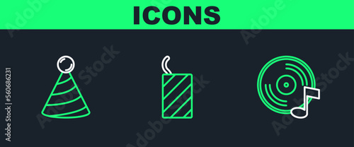 Set line Vinyl disk, Party hat and Firework rocket icon. Vector