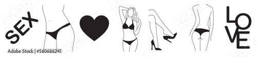 Collection of simple monochrome erotic silhouettes of nude women in lingerie, sexy legs with high heeled shoes. Text - sex and love and heart symbol on white background