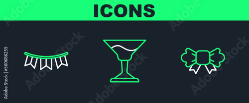 Set line Bow tie, Carnival garland with flags and Cocktail icon. Vector