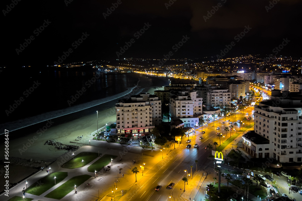 Obraz premium Aerial view over the city center Tanger at night in Morocco