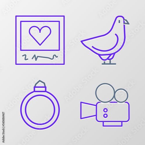 Set line Cinema camera, Diamond engagement ring, Dove and Photo frames and hearts icon. Vector