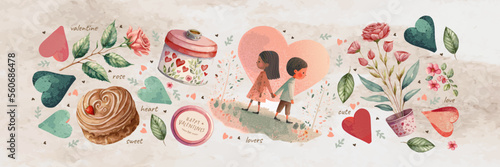 Happy Valentine's Day! Vector cute watercolor illustrations of boy and girl in love, cake, rose flower, jar, leaf for greeting card, poster or background