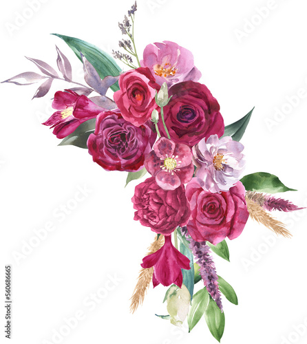 Watercolor floral arrangement. Hand painted botanical illustration with magenta flowers