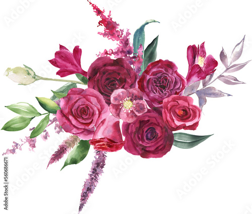 Watercolor floral arrangement. Hand painted botanical illustration with magenta flowers