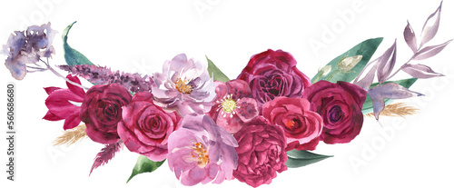 Watercolor floral arrangement. Hand painted botanical illustration with magenta flowers