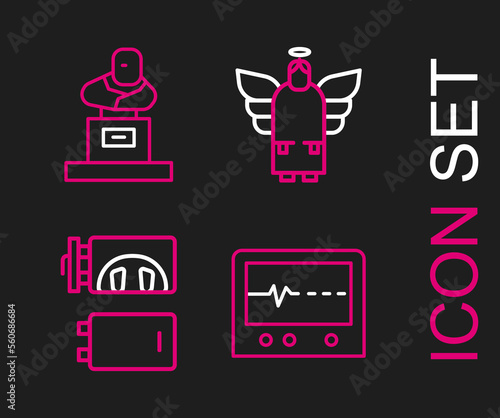 Set line Beat dead in monitor, Crematorium, Christmas angel and Grave with tombstone icon. Vector