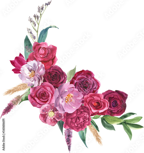 Watercolor floral arrangement. Hand painted botanical illustration with magenta flowers